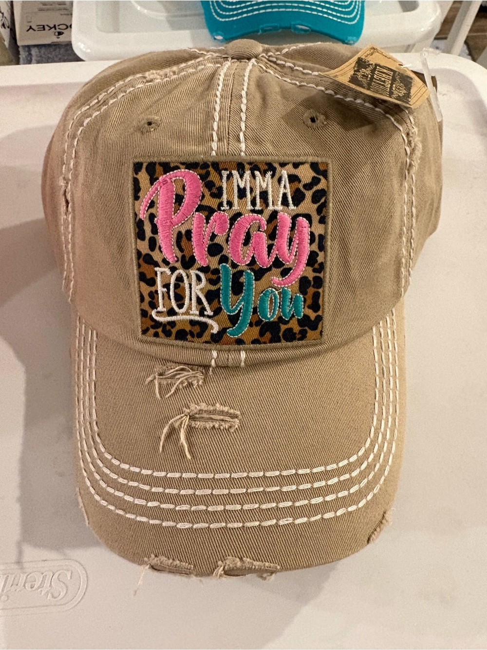 Women’s Tan Distressed Cap with Pink & Teal 'Imma Pray For You' Patch